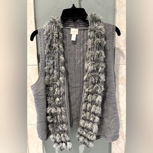 Chico’s size 1, cotton and acrylic gray vest with faux fur trim